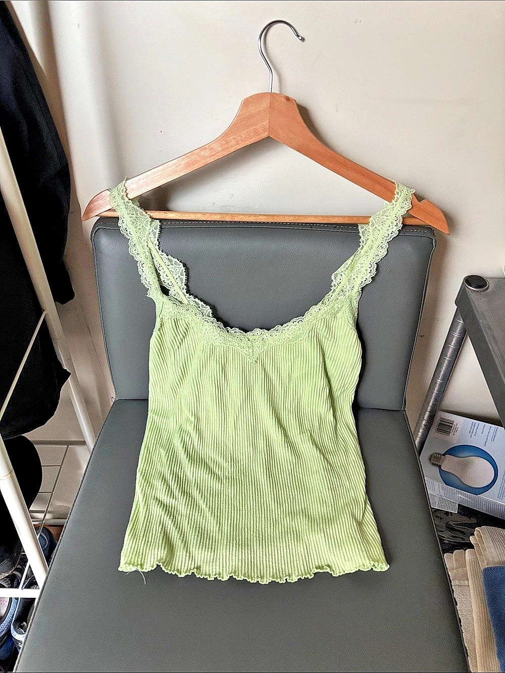 Intimately Free People Ribbed Lace Trim Camisole in Green Size Medium